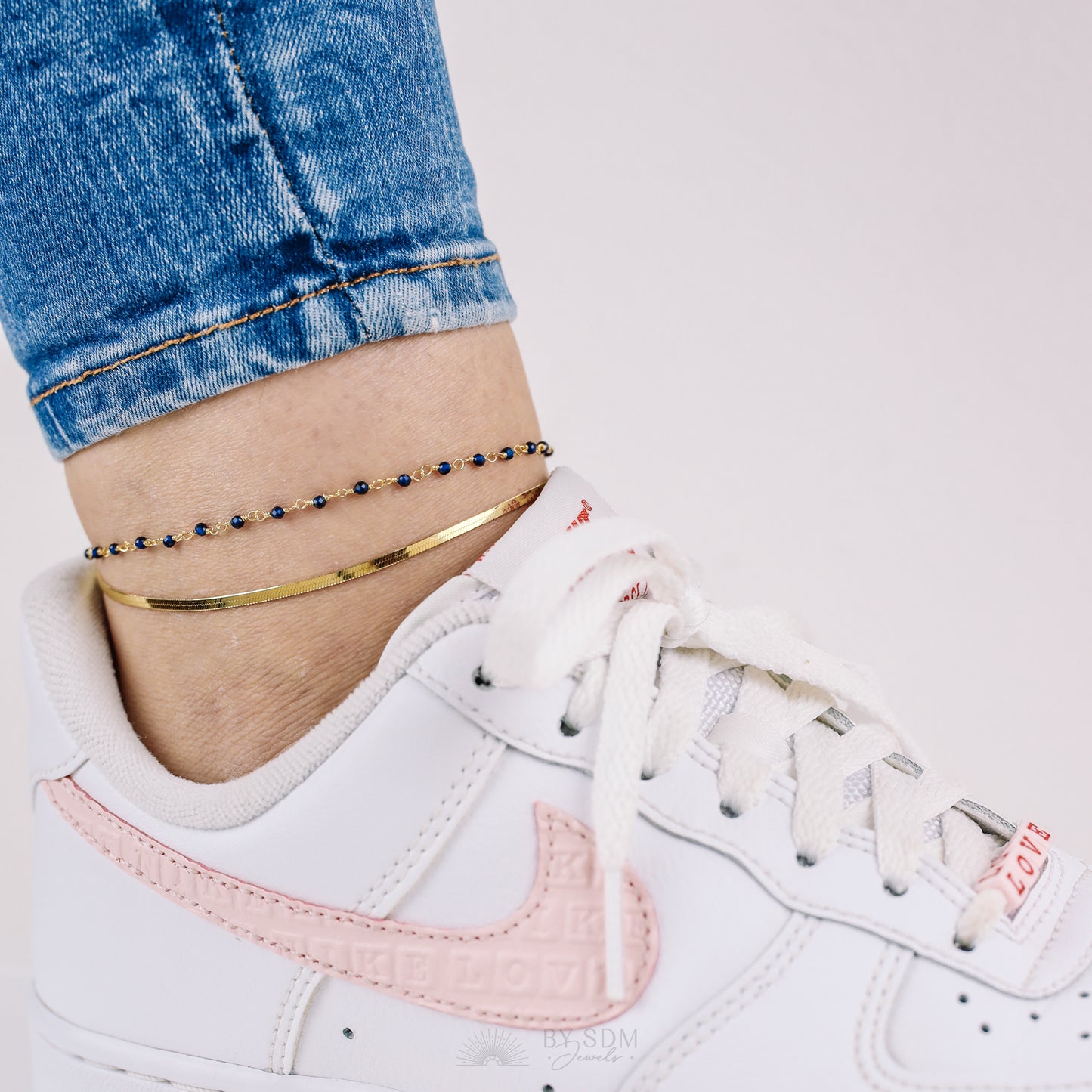 Anklet with two threads, snake chain and with Crystal Blue, with a shiny finish