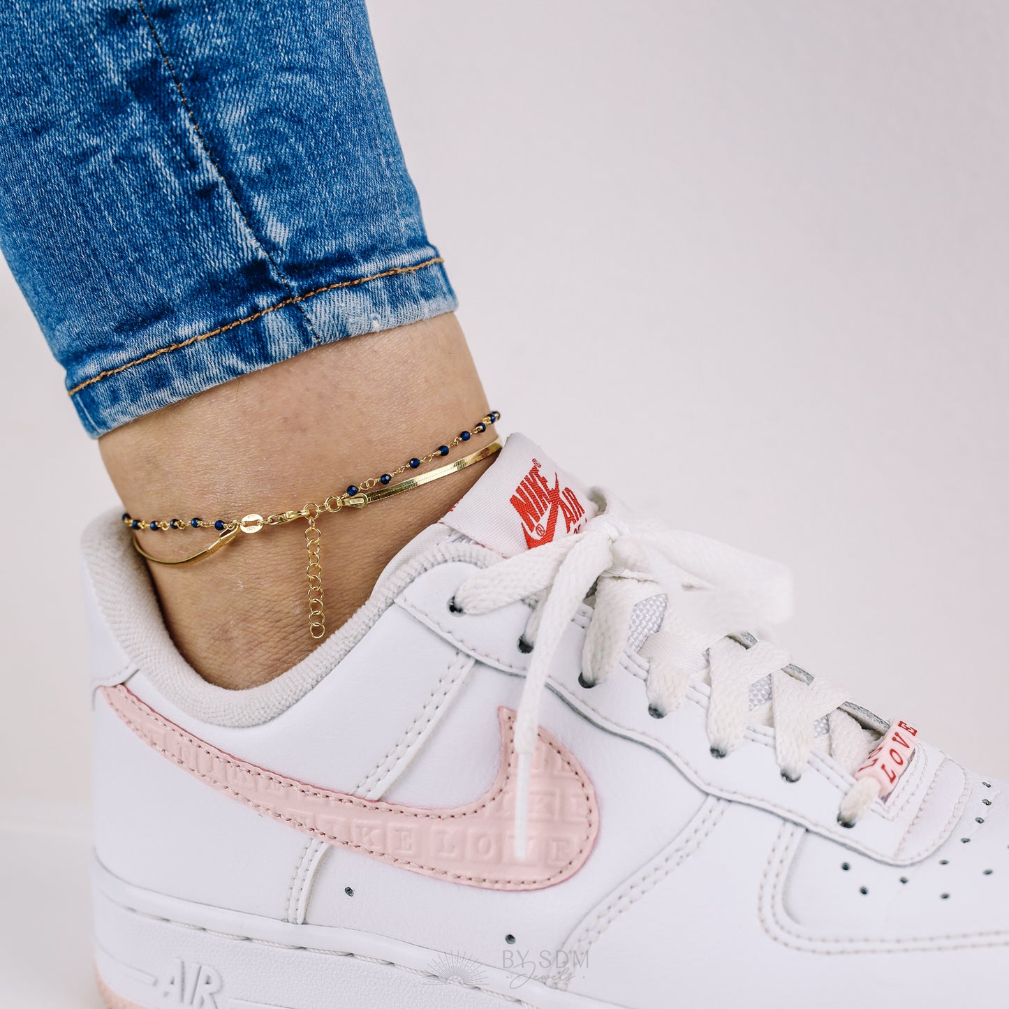 Anklet with two threads, snake chain and with Crystal Blue, with a shiny finish