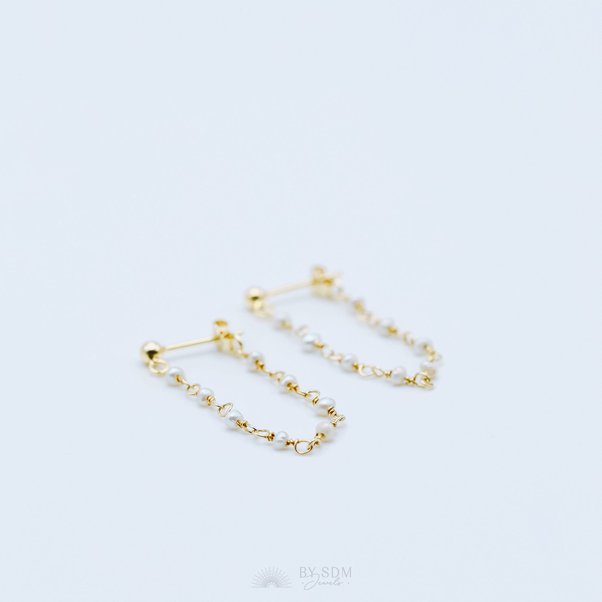 Pearl Chain Earrings, Gold Stud Earrings, BYSDMJEWELS