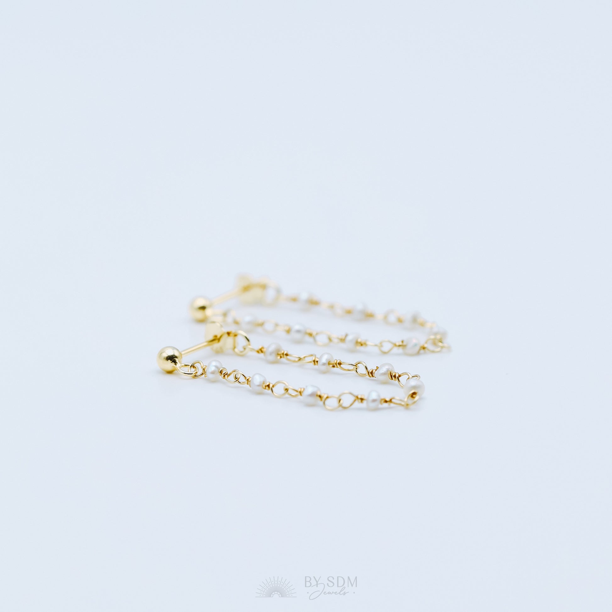 Pearl Chain Earrings, Gold Stud Earrings, BYSDMJEWELS