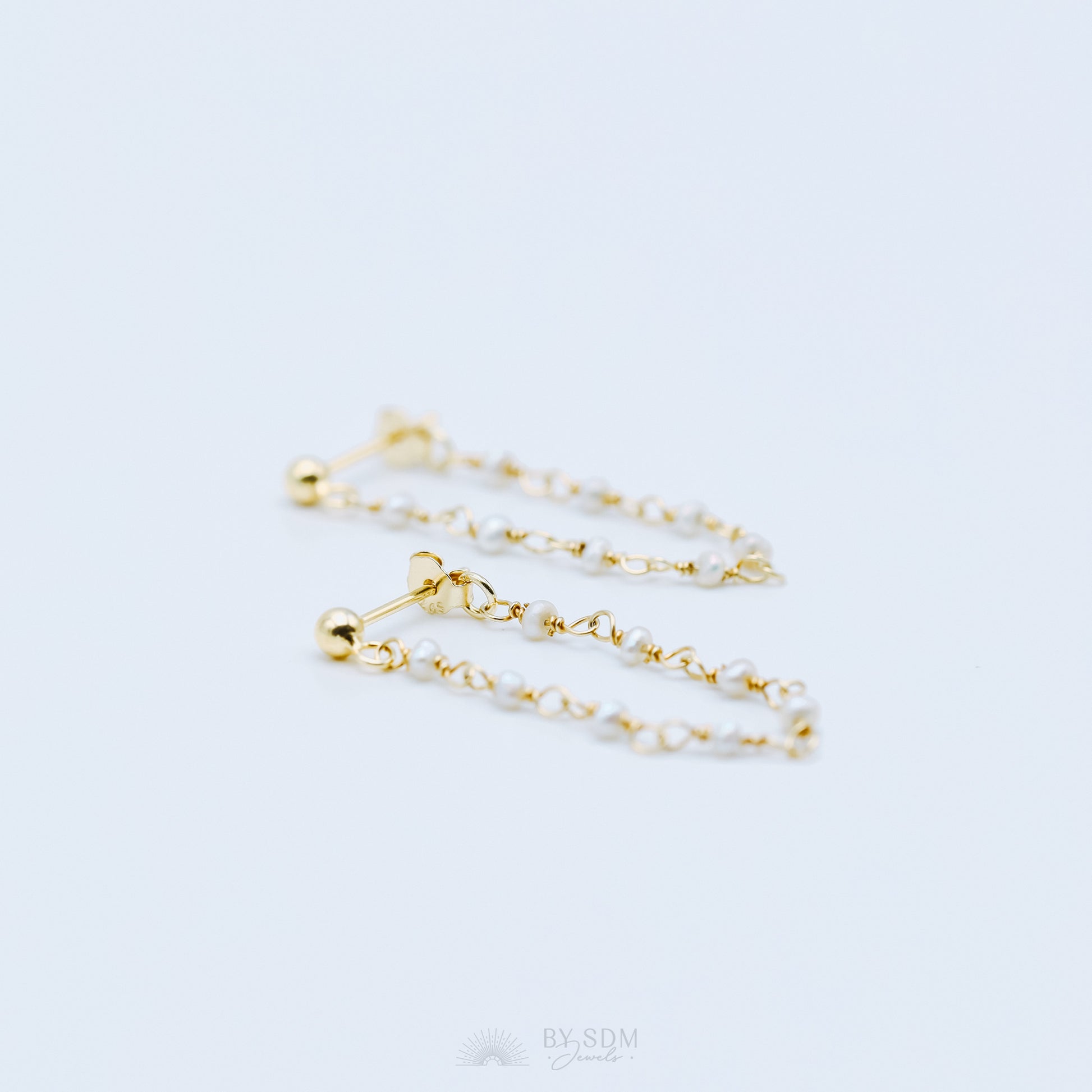 Pearl Chain Earrings, Gold Stud Earrings, BYSDMJEWELS