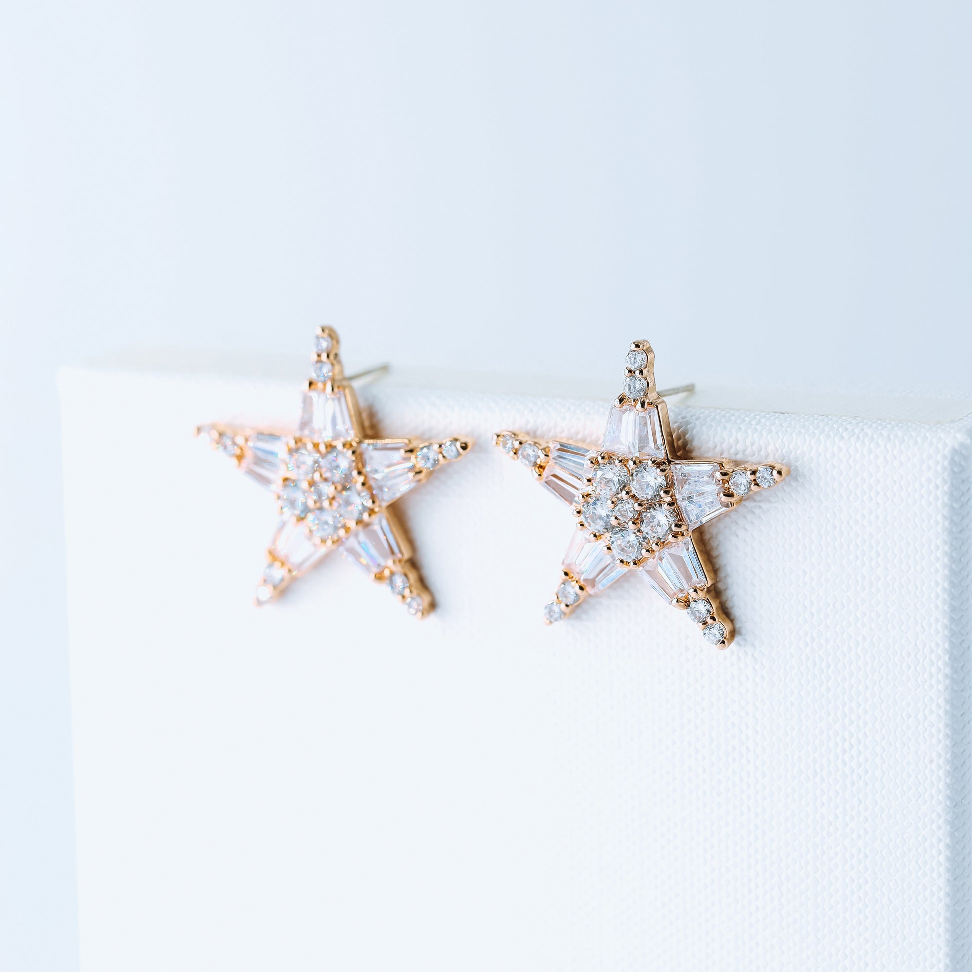 Art Deco Star Earrings, Art Nouveau, Baguette Rectangle Zirconia, Diamond Earrings, Geometric Earrings, Rose Gold, BYSDMJEWELS