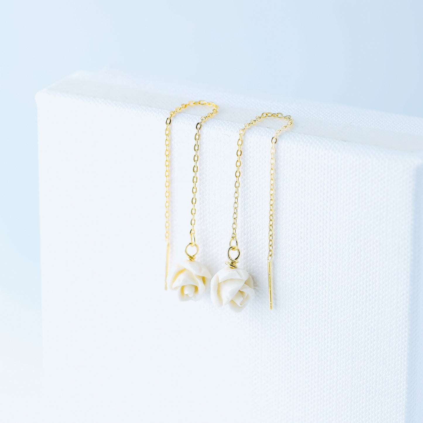 Tiny Flower Threader Earrings, White Rose Charm Earrings, Charm Earrings, Dangle Wire Earrings, BYSDMJEWELS