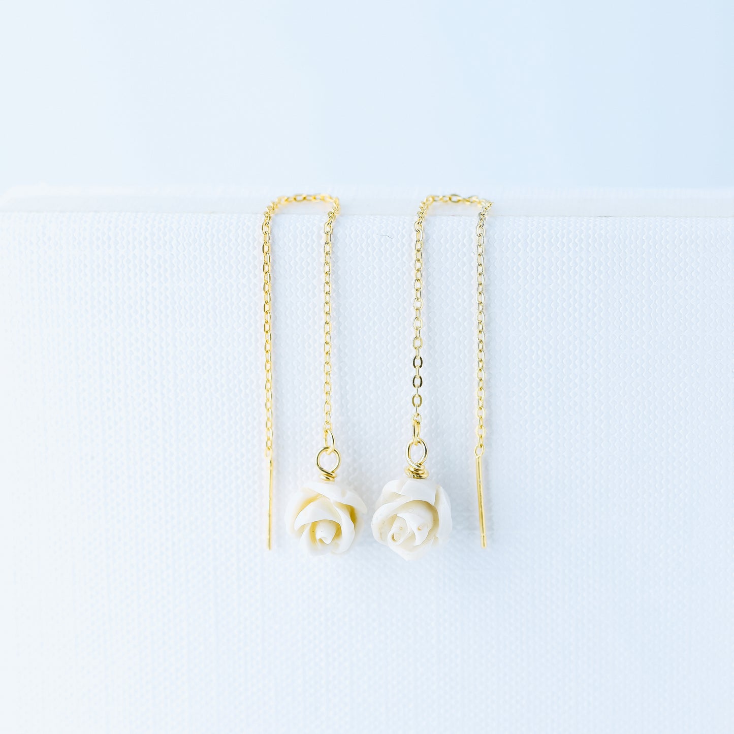 Tiny Flower Threader Earrings, White Rose Charm Earrings, Charm Earrings, Dangle Wire Earrings, BYSDMJEWELS
