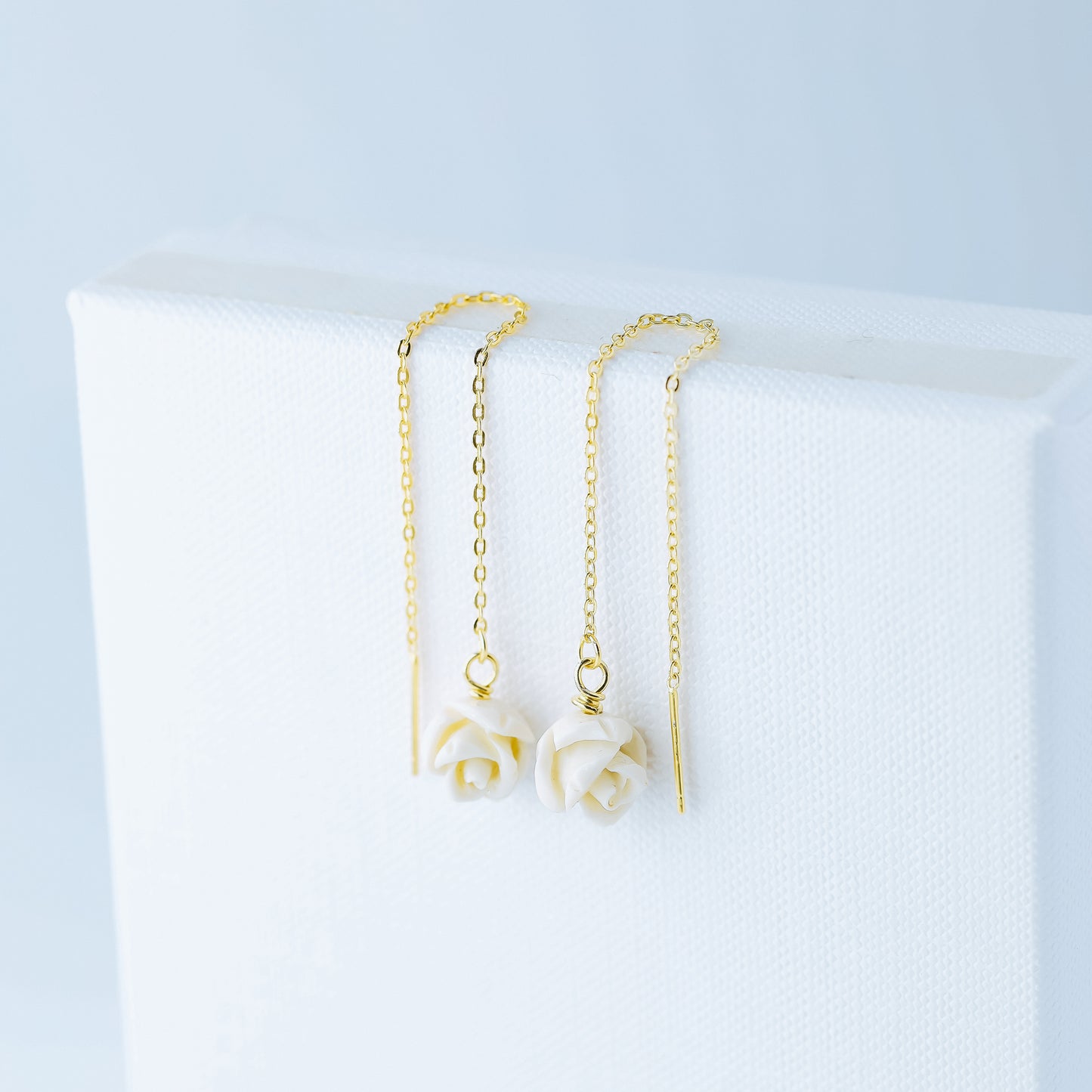 Tiny Flower Threader Earrings, White Rose Charm Earrings, Charm Earrings, Dangle Wire Earrings, BYSDMJEWELS