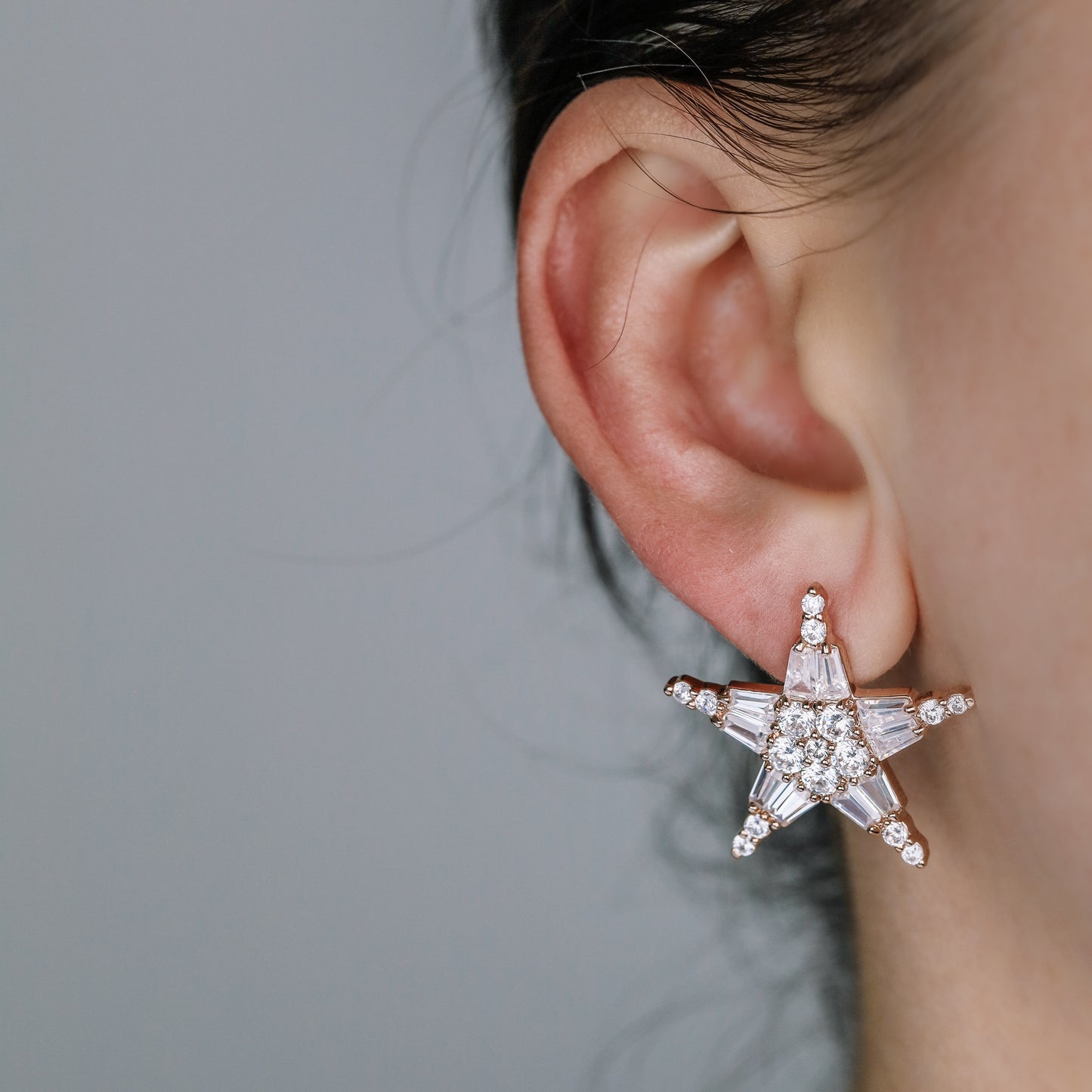 Art Deco Star Earrings, Art Nouveau, Baguette Rectangle Zirconia, Diamond Earrings, Geometric Earrings, Rose Gold, BYSDMJEWELS