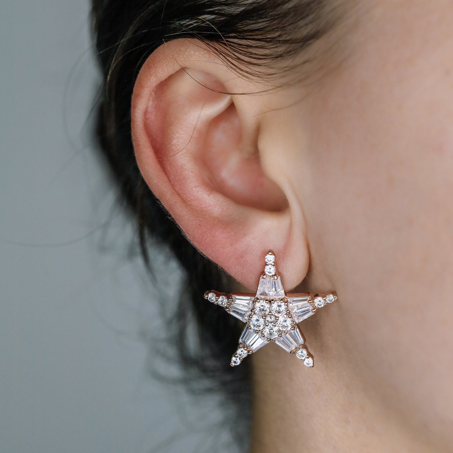 Art Deco Star Earrings, Art Nouveau, Baguette Rectangle Zirconia, Diamond Earrings, Geometric Earrings, Rose Gold, BYSDMJEWELS