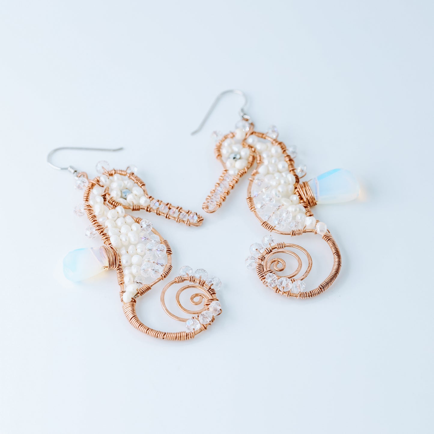Dangly Seahorse Earrings • Handmade Earrings • Pearl Earrings • Copper Wire Wrapped Earrings • Gift for Her • BYSDMJEWELS