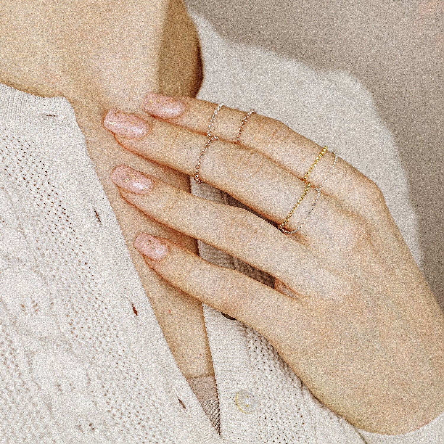 Minimal chain rings collection featuring dainty stacking rings in sterling silver, gold filled and rose gold filled finishes