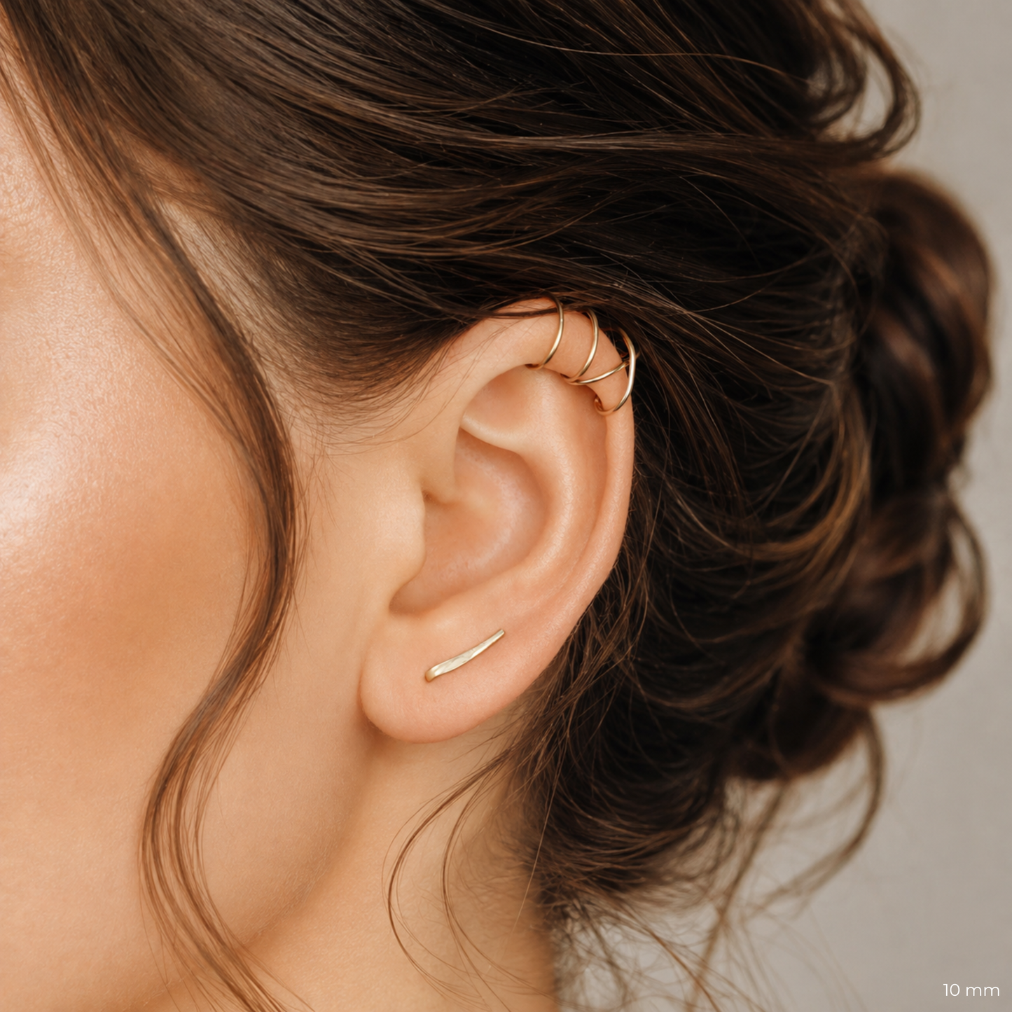 Short 10mm handmade ear climber set designed for a small minimalist ear stack, with a lightly hammered climber worn through one standard lobe piercing and matching no-piercing Double Line and Criss-Cross helix cuffs, available in 925 sterling silver, 14k gold filled and 14k rose gold filled.