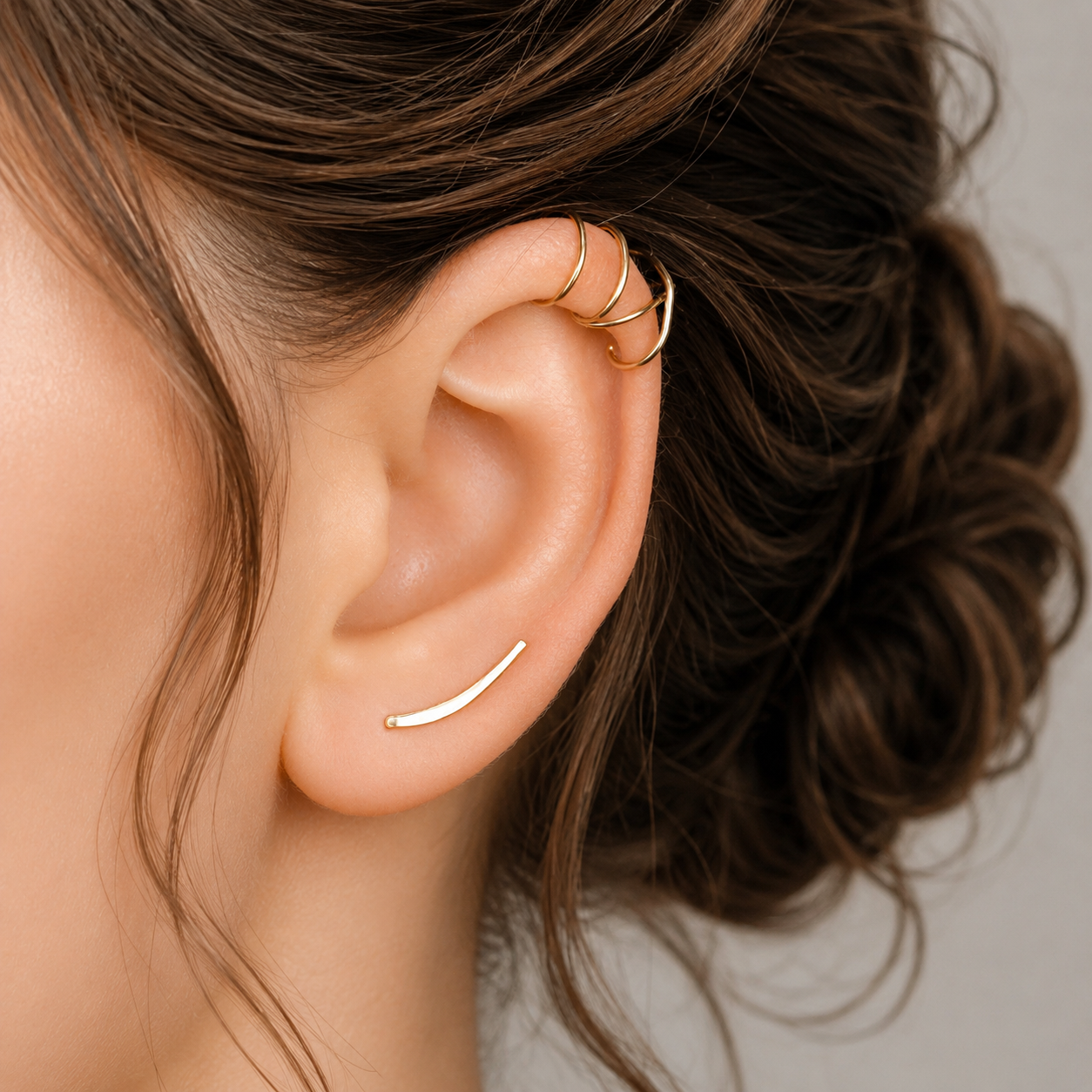 Dainty 15 mm handmade ear climber and ear cuff set worn along the ear for a short minimalist layered ear stack, featuring one hand hammered ear climber for a standard lobe piercing and matching no-piercing upper ear cuffs in X and Double Line styles, available as left ear, right ear, pair or multi-piece set options in solid 925 sterling silver, 14k gold filled and 14k rose gold filled, with ear climber lengths available from 10mm to 50mm.