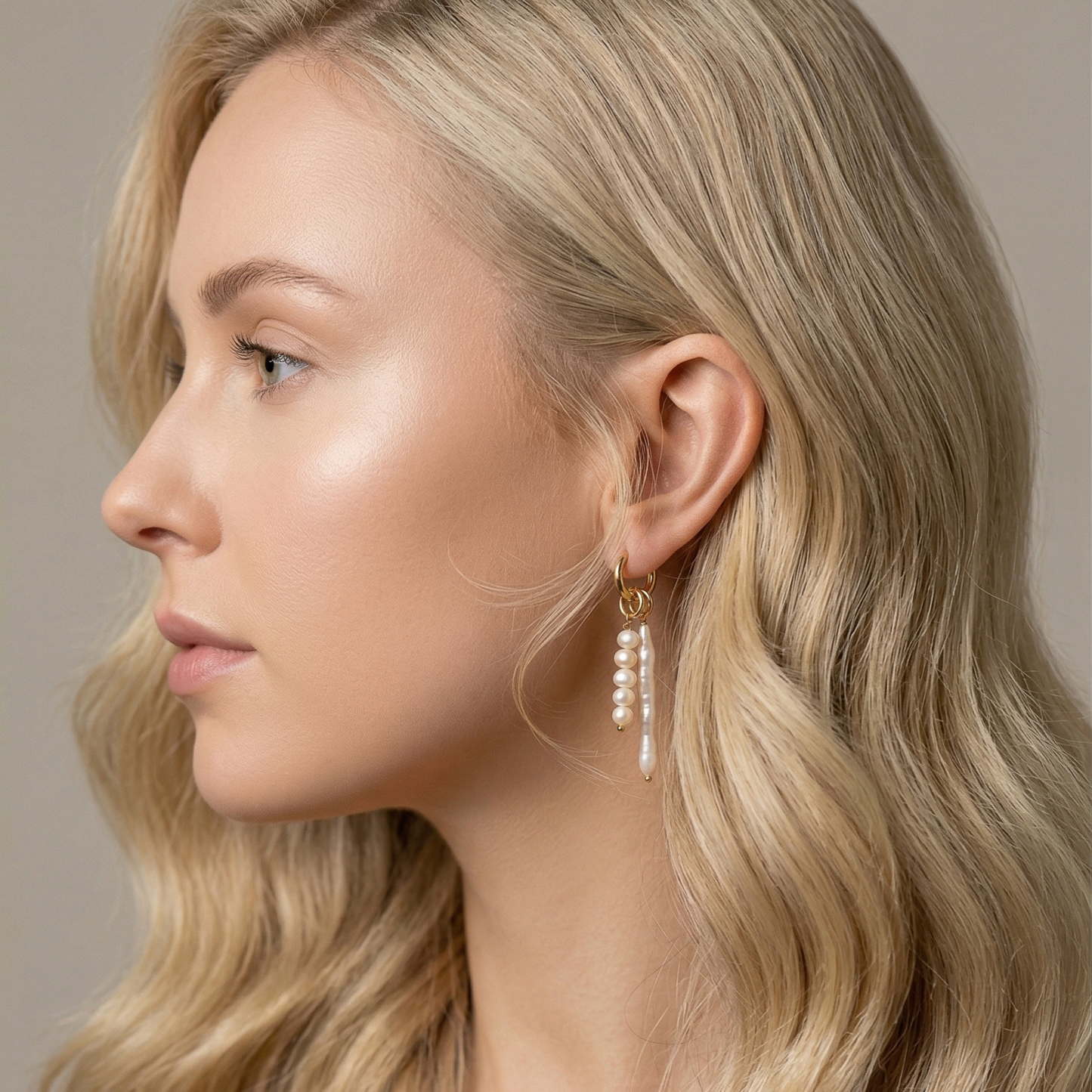 Long Stick & Pearl Cluster Drop Hoop Earrings - 18k Gold Waterproof Stainless Steel