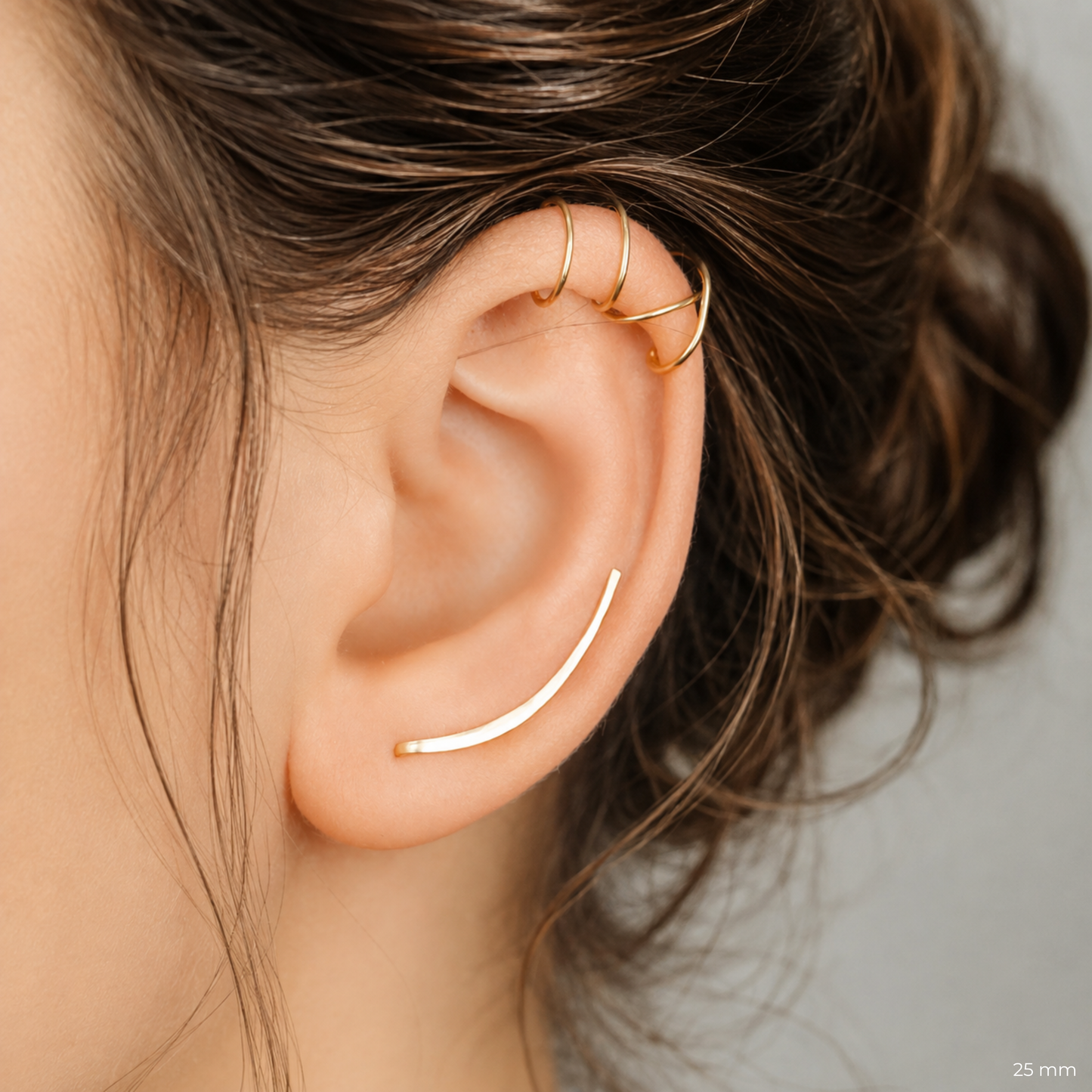 Handmade 25mm ear climber and ear cuff set with a balanced medium-short length, designed to add a clean layered line along the ear with one lobe piercing and upper helix cuffs that slide on without cartilage piercings.