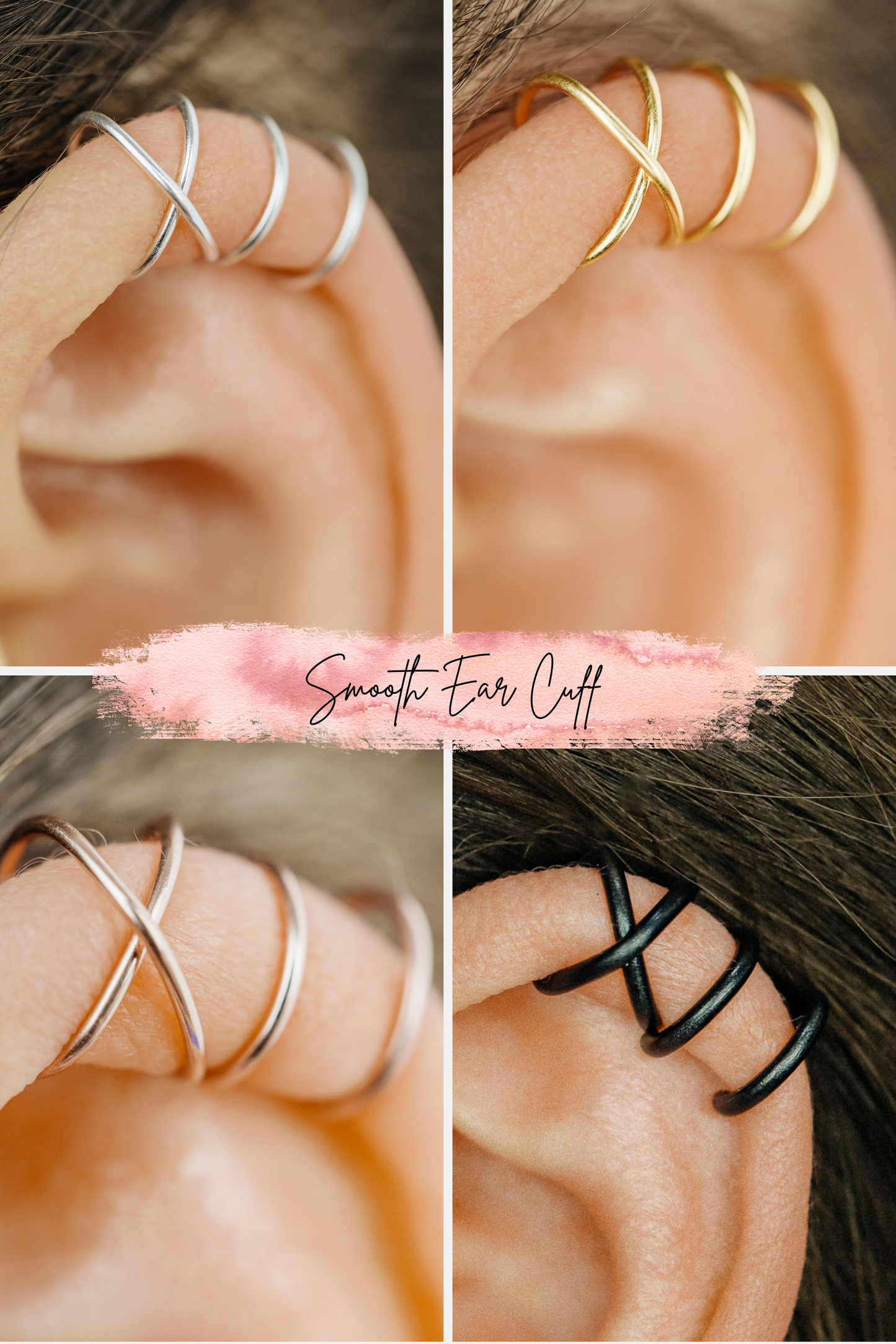 Close-up of a person's ear wearing three textured gold diamond-cut ear cuffs on the helix, showing the adjustable fit and shimmering gold finish.