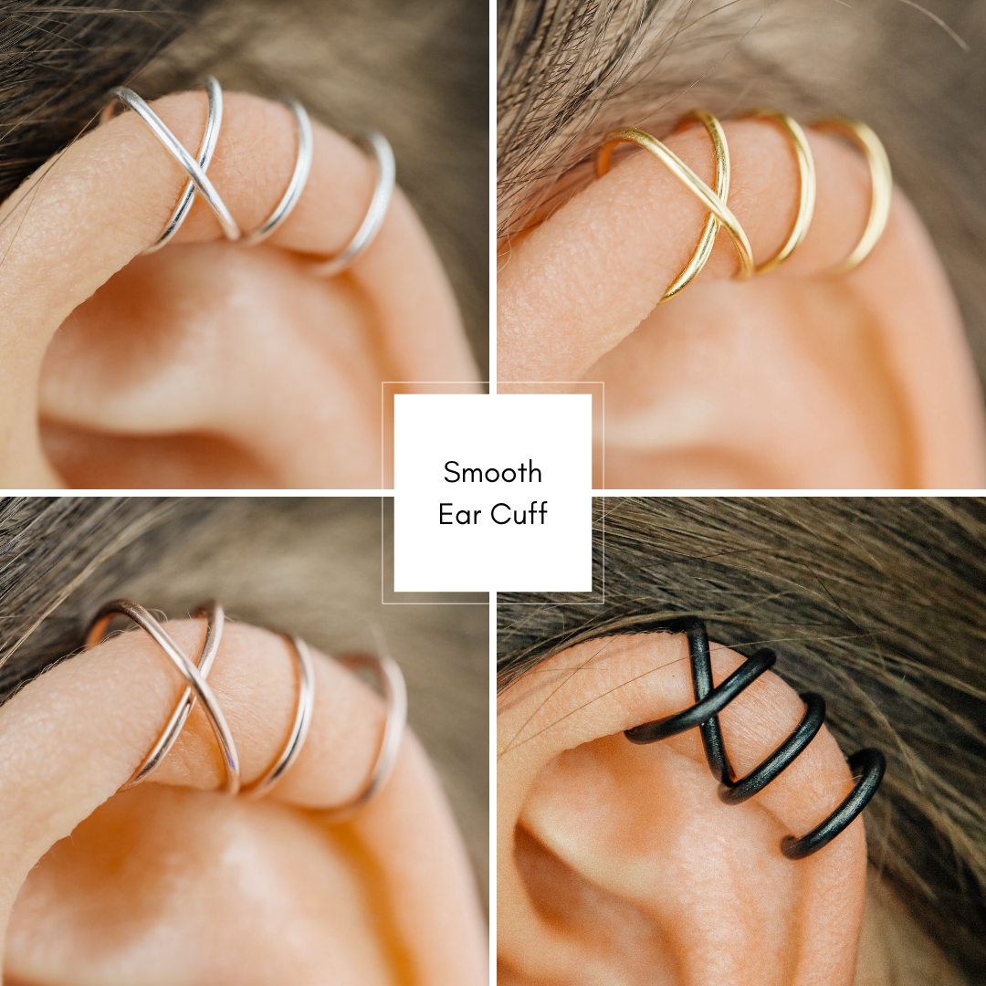 No-piercing double line and criss cross helix ear cuff shown on the upper ear, with smooth and diamond cut finish options for cartilage styling.