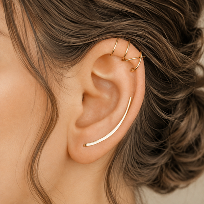 Handmade 30 mm ear climber and ear cuff set worn along the ear for a refined medium-length minimalist ear stack, featuring one hand hammered ear climber for a standard lobe piercing and matching no-piercing upper ear cuffs in X and Double Line styles, available as left ear, right ear, pair or multi-piece set options in solid 925 sterling silver, 14k gold filled and 14k rose gold filled, with ear climber lengths available from 10mm to 50mm.