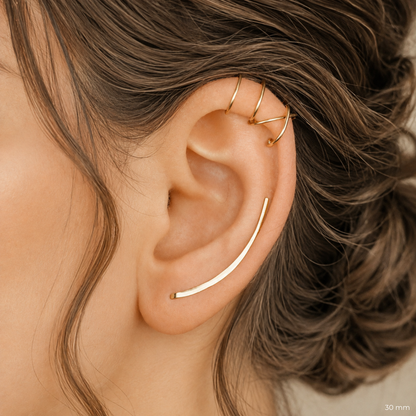 30mm ear climber set with a hand hammered curved climber and matching no-piercing upper ear cuffs, creating a medium-length minimalist earring stack with Double Line and Criss-Cross helix cuff details in sterling silver, gold filled or rose gold filled.