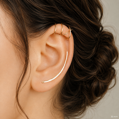 Elegant 35mm handmade ear climber set with a longer hammered climber that follows the ear shape, combined with no-piercing Double Line and Criss-Cross cartilage cuffs for a soft elongated stacked ear style.