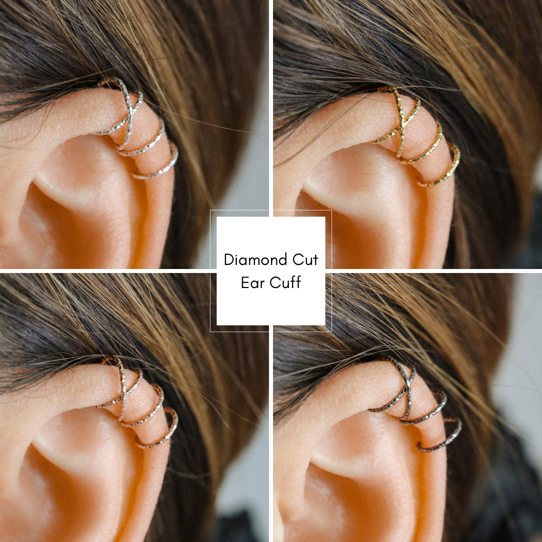 No-piercing double line and criss cross helix ear cuff shown on the upper ear, with smooth and diamond cut finish options for cartilage styling.