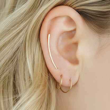 Detailed view of a handmade 12k gold filled hoop earring featuring a secure loop-and-hook closure, minimalist design for lobe and cartilage piercings.