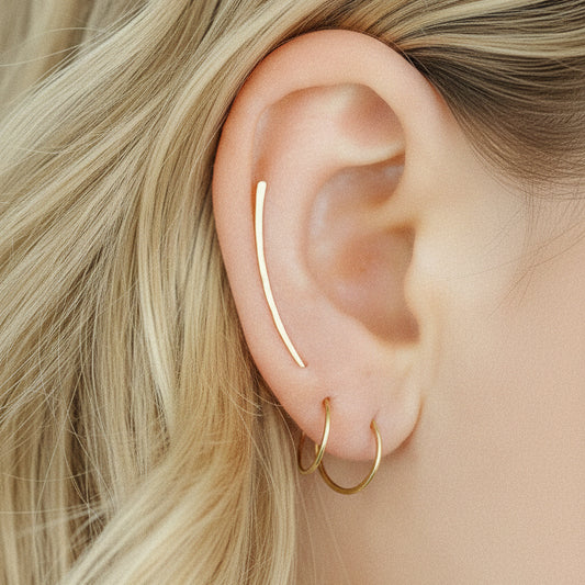 Detailed view of a handmade 12k gold filled hoop earring featuring a secure loop-and-hook closure, minimalist design for lobe and cartilage piercings.