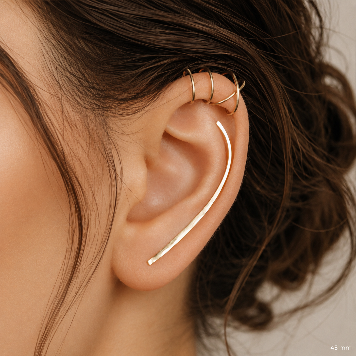 45mm handmade ear climber set designed for a long graceful line along the ear, with one hammered climber for a regular lobe piercing and upper cartilage cuffs in Double Line and Criss-Cross styles to complete a no-piercing curated ear stack.