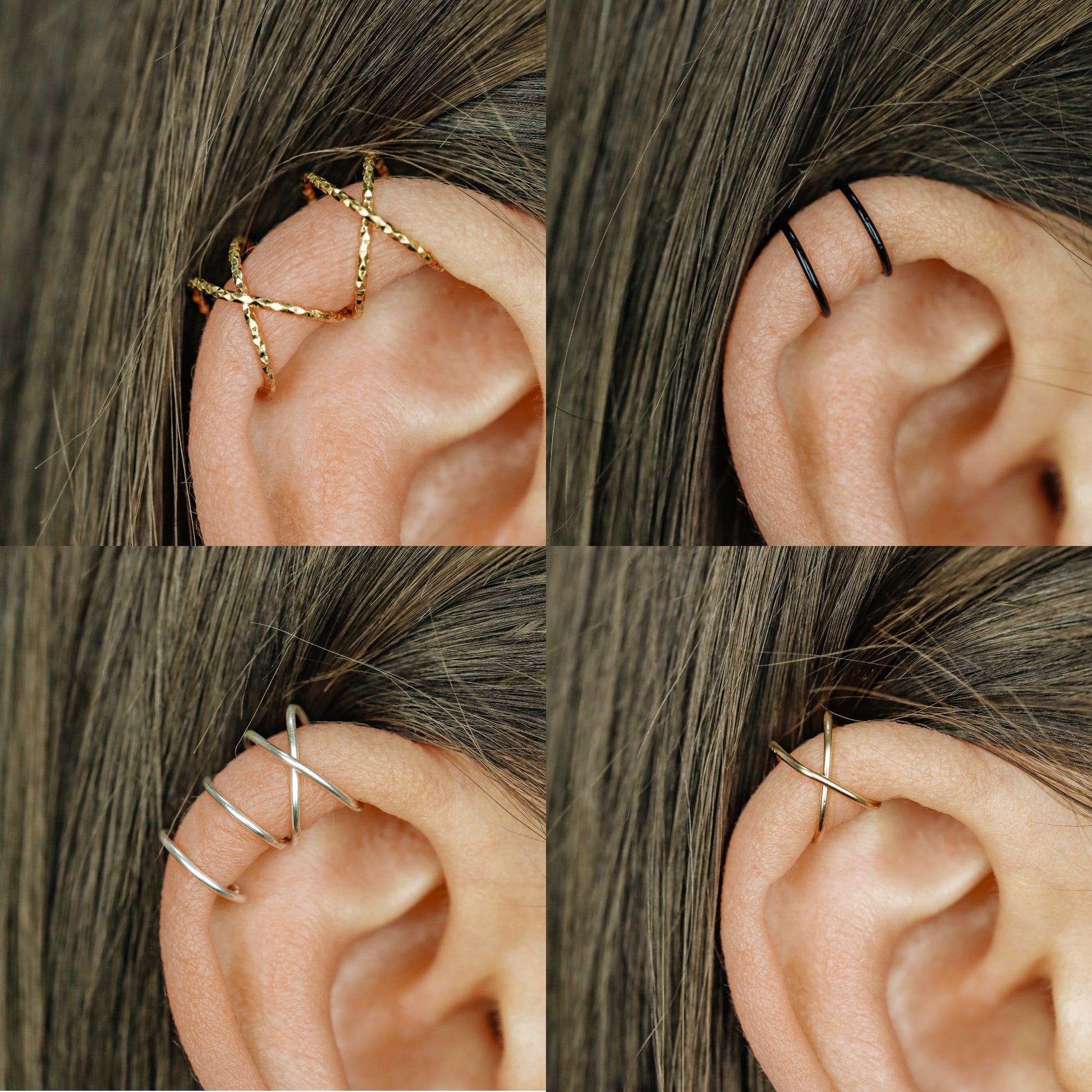 Set of 2 Ear Cuffs or Single On for Upper Ear, No Piercing Needed, Fake Cartilage Earring
