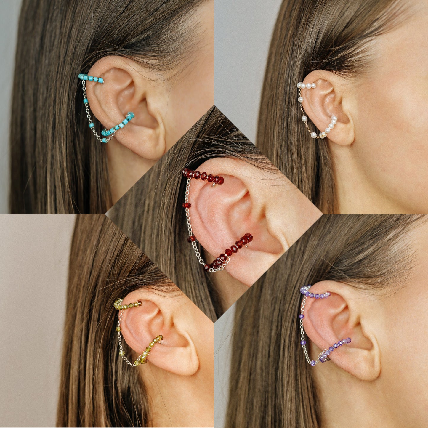 Dainty & Minimalist Turquoise Aulite Conch and Helix Ear Cuff Earrings