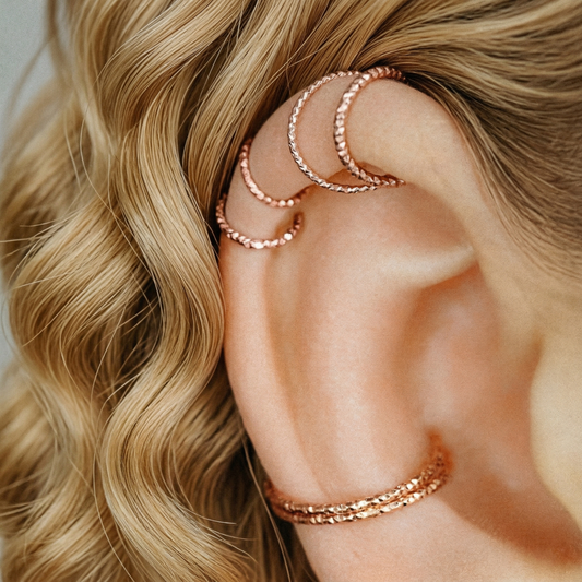 Multiple textured rose gold hoops styled in helix and lobe piercings for an ear party look.