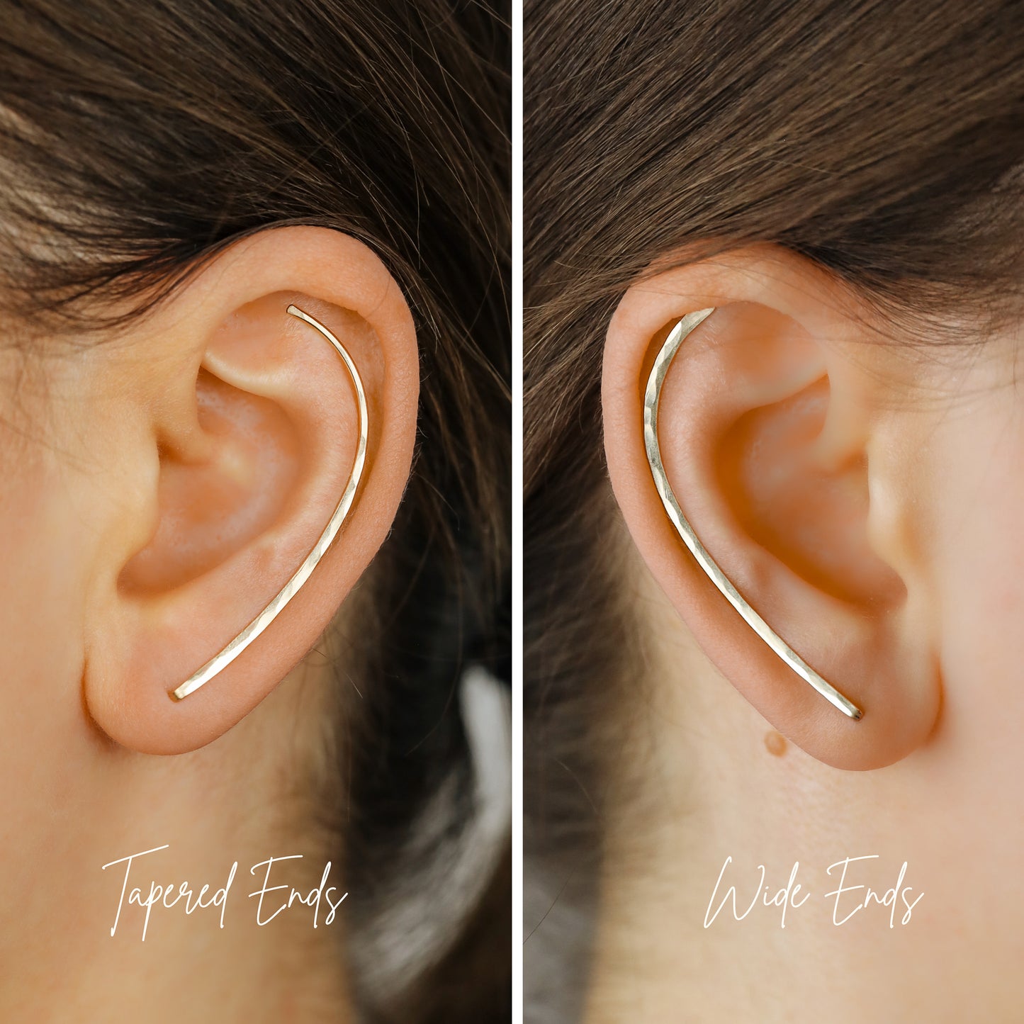 Handmade 50 mm minimalist ear climber earrings worn through one standard lobe piercing and rotated upward to follow the natural curve of the ear, featuring a long clean hand hammered wire design with an elegant ear sweep shape, available as a single left ear climber, single right ear climber or pair in solid 925 sterling silver, 14k gold filled and 14k rose gold filled, with length options from 10mm to 50mm.