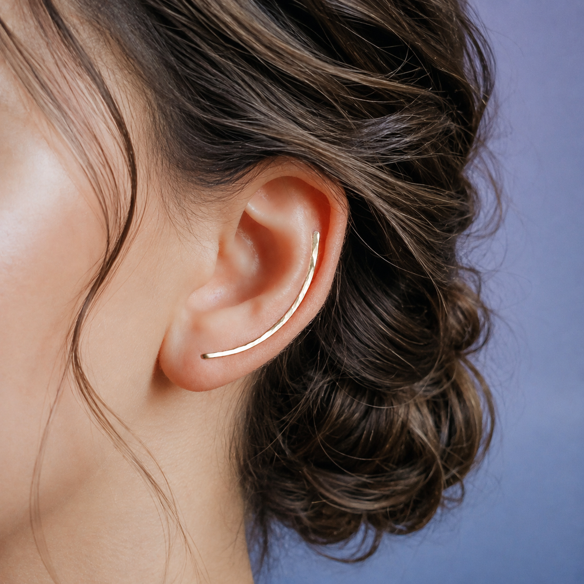Handmade 40 mm minimalist ear climber earrings worn through one standard lobe piercing and rotated upward along the natural curve of the ear, featuring a slim hand hammered wire design with a clean long ear sweep shape, available as a single left ear climber, single right ear climber or pair in solid 925 sterling silver, 14k gold filled and 14k rose gold filled, with length options from 10mm to 50mm.
