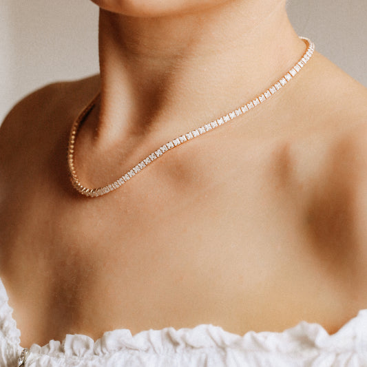 Tennis Chain Necklace, Stainless Steel CZ Rhinestone Tennis Necklace, 4mm Diamond Tennis Chain Gold and Rose Gold Plated
