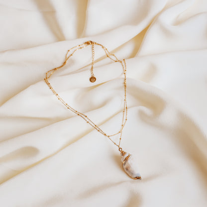 Delicate gold necklace with a real conch shell, perfect for adding ocean-inspired style to any outfit.