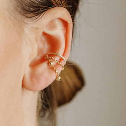 Minimalist Ear Cuff • Gold Ear Cuff • No Piercing One Band And Double Chain Ear Cuff • Ear Cuff No Pierced • BYSDMJEWELS