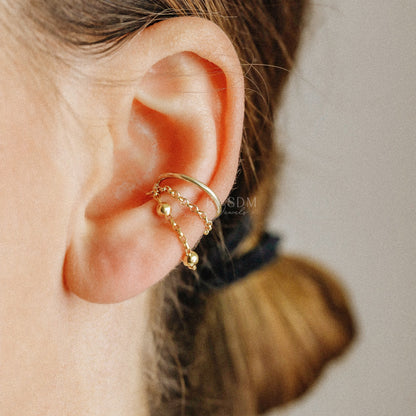 Minimalist Ear Cuff • Gold Ear Cuff • No Piercing One Band And Double Chain Ear Cuff • Ear Cuff No Pierced • BYSDMJEWELS