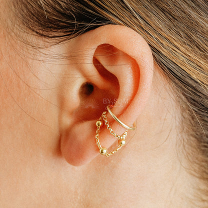 Minimalist Ear Cuff • Gold Ear Cuff • No Piercing One Band And Double Chain Ear Cuff • Ear Cuff No Pierced • BYSDMJEWELS