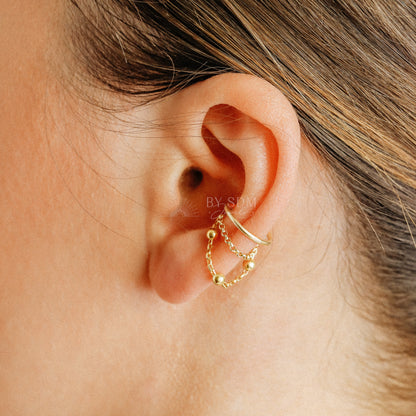 Minimalist Ear Cuff • Gold Ear Cuff • No Piercing One Band And Double Chain Ear Cuff • Ear Cuff No Pierced • BYSDMJEWELS