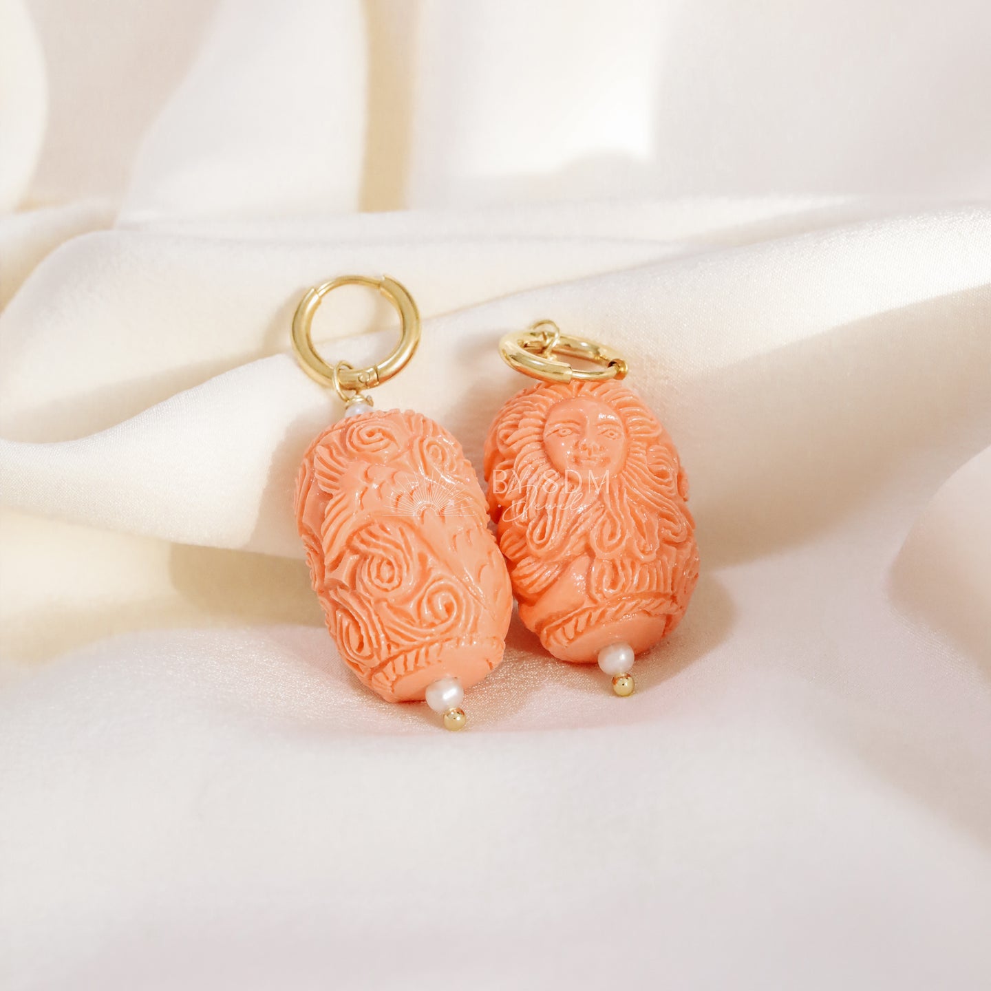 Sun with Human Face and Body of a Mermaid Earrings • Salmon Color • BYSDMJEWELS