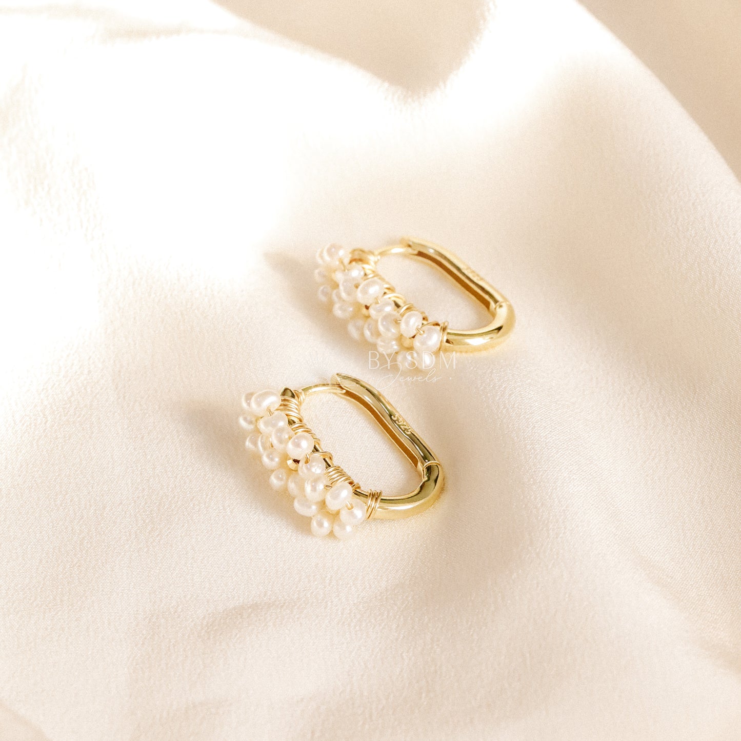 Oval Hoop Earrings with Real Pearl Flowers • Sterling Silver 925 • BYSDMJEWELS