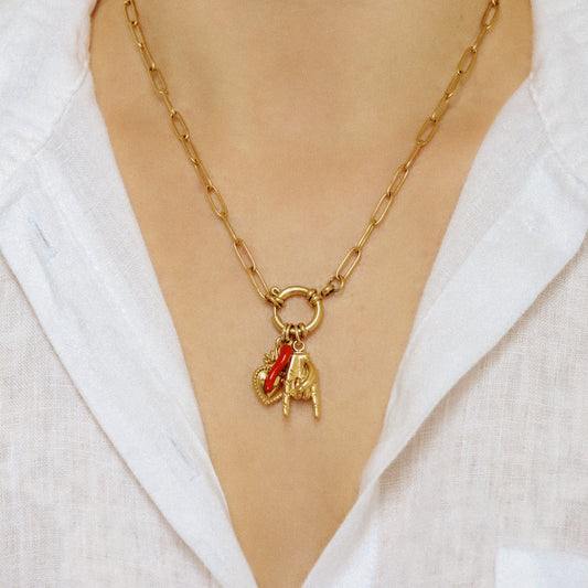Italian Lucky Horn Necklace • Hand Gesture Horn • Italy Corno Cornicello Necklace • Flaming Sacred Heart Necklace • BYSDMJEWELS
