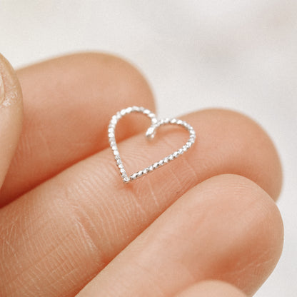 Helix Earring, Heart Cartilage Earring, Sterling Silver Helix Earring, Silver Open Heart Helix Hoop Earring, Diamond Cut Helix Heart Earring