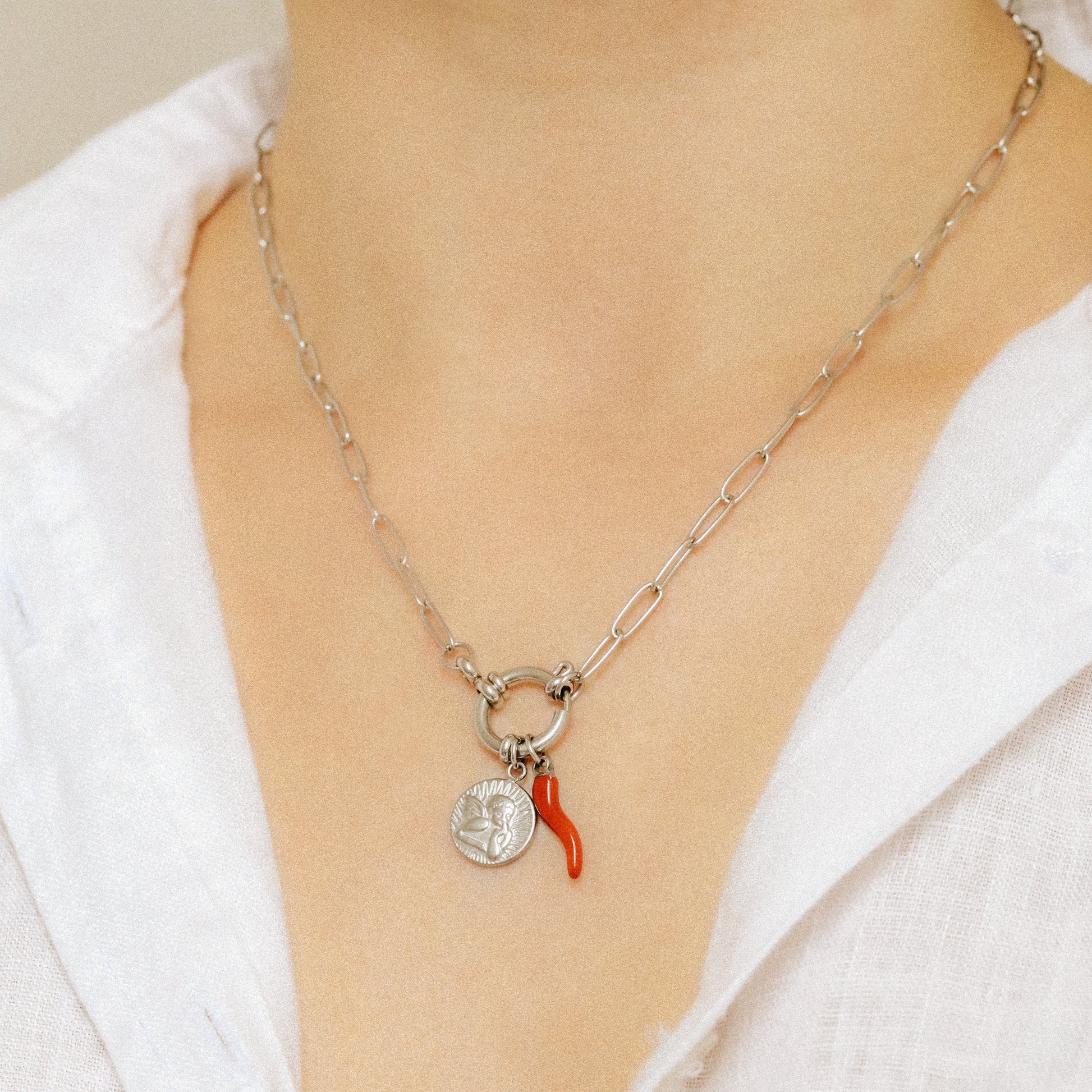 Thinking Angel and Italian Lucky Horn Charm Necklace