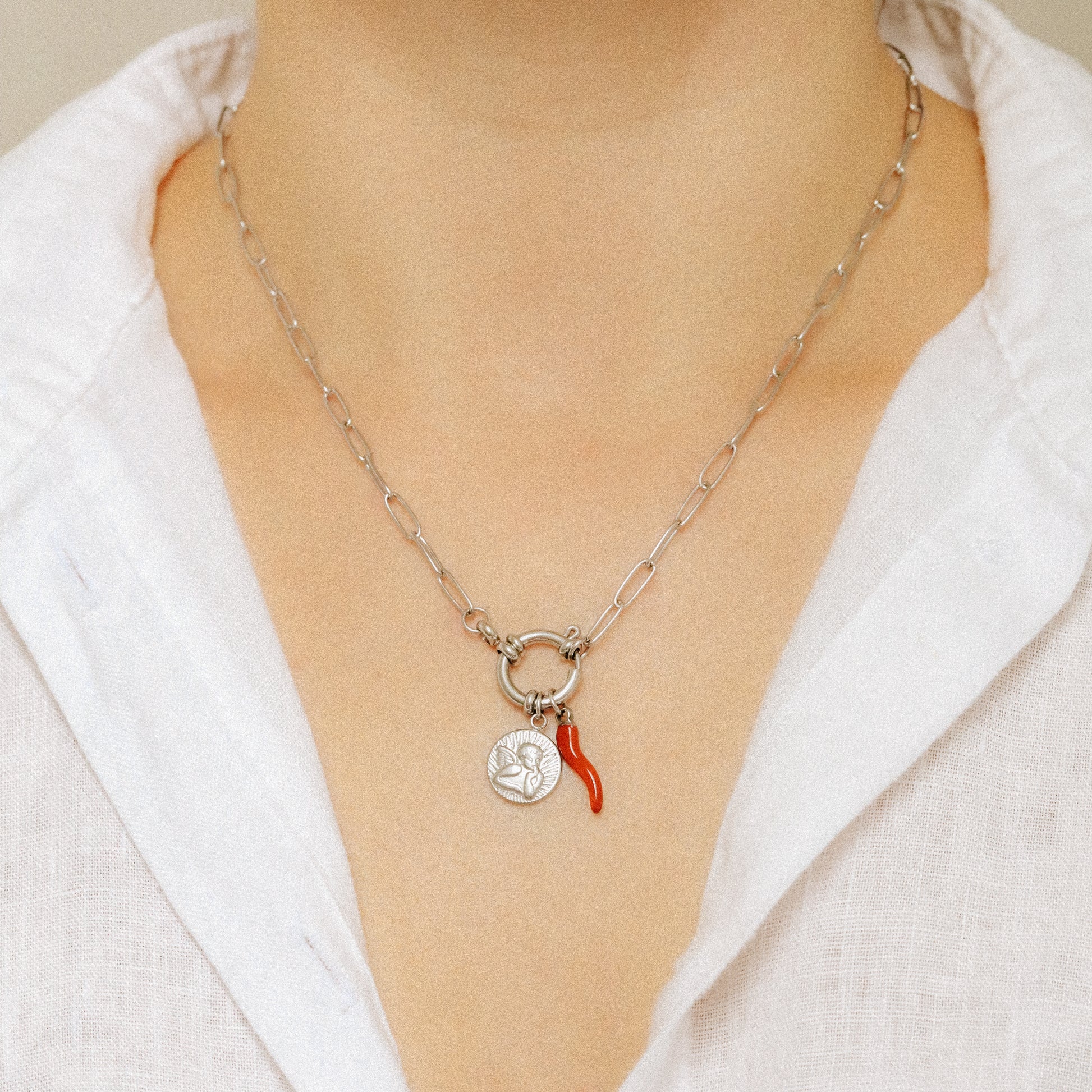 Thinking Angel and Italian Lucky Horn Charm Necklace