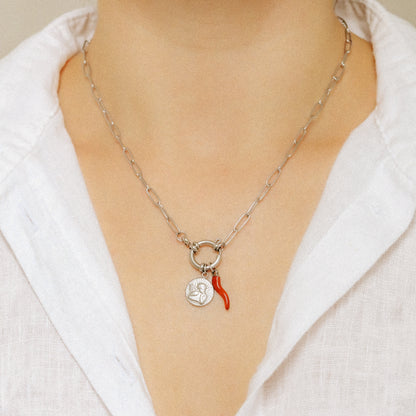 Thinking Angel and Italian Lucky Horn Charm Necklace