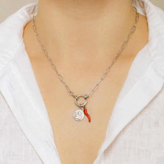 Thinking Angel and Italian Lucky Horn Charm Necklace