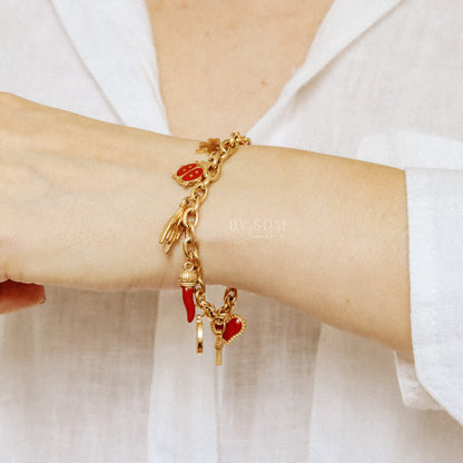 Italian Lucky Horn Bracelet • Hand Gestures Bracelet • Lucky Charm Bracelet • Cross, Heart, Madonna, Ladybug, Four-Leaf Clover • BYSDMJEWELS