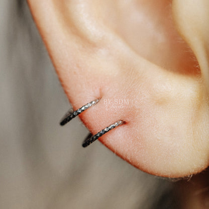 Double Hoop Earrings One Hole Spiral Earrings Black Diamond Cut Open Hoop Earrings Spiral Loop Earrings Threader Hoops Double Hoop Earrings