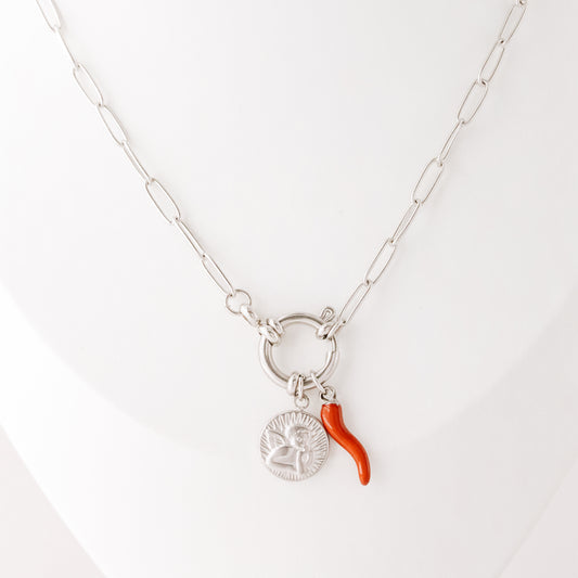Thinking Angel and Italian Lucky Horn Charm Necklace