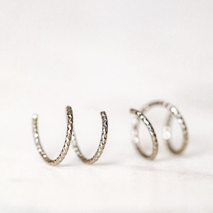 Double Hoop Earrings One Hole Spiral Earrings Black Diamond Cut Open Hoop Earrings Spiral Loop Earrings Threader Hoops Double Hoop Earrings