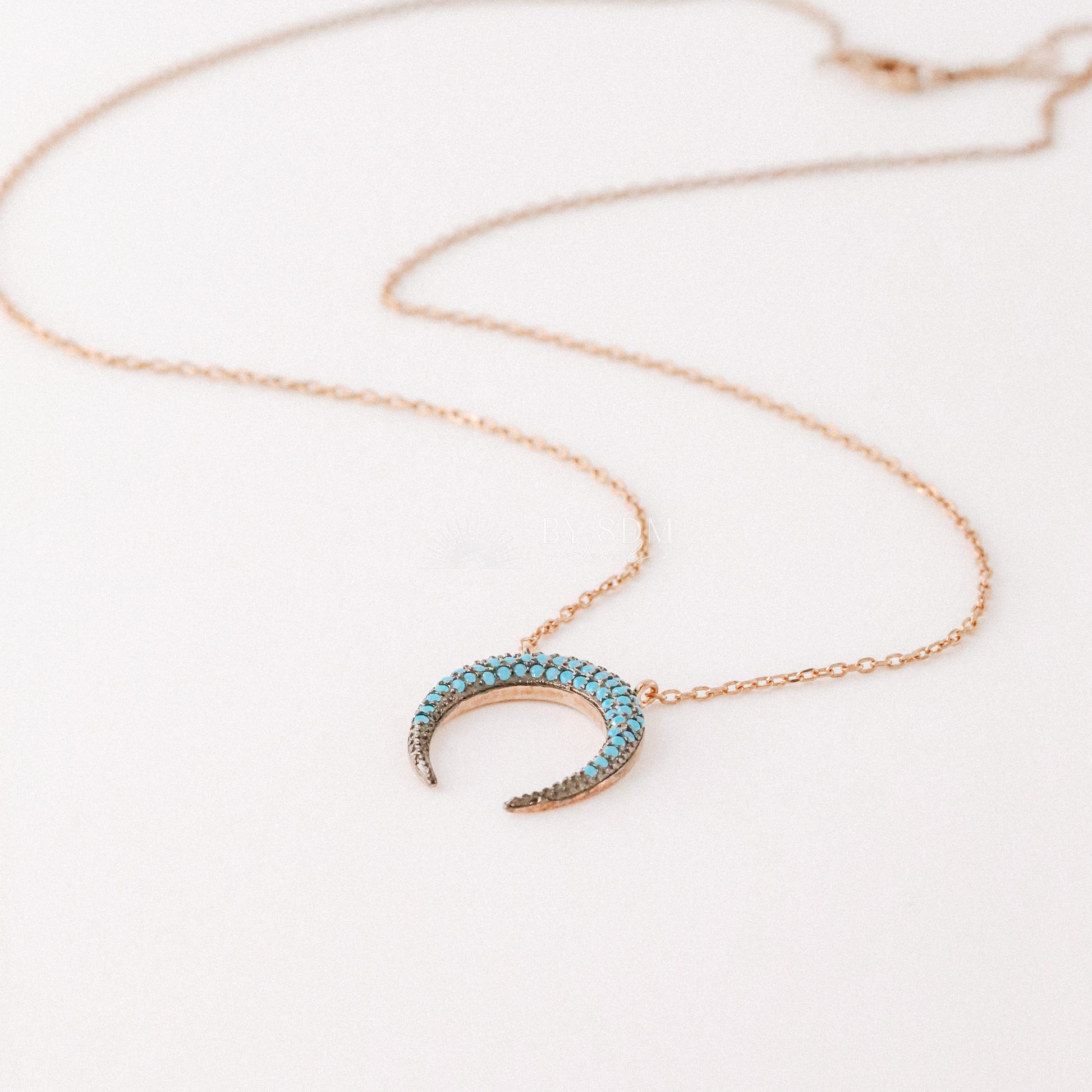 Horn Necklace • Double Horn Necklace • Turquoise Zircon • Rose Gold • BYSDMJEWELS